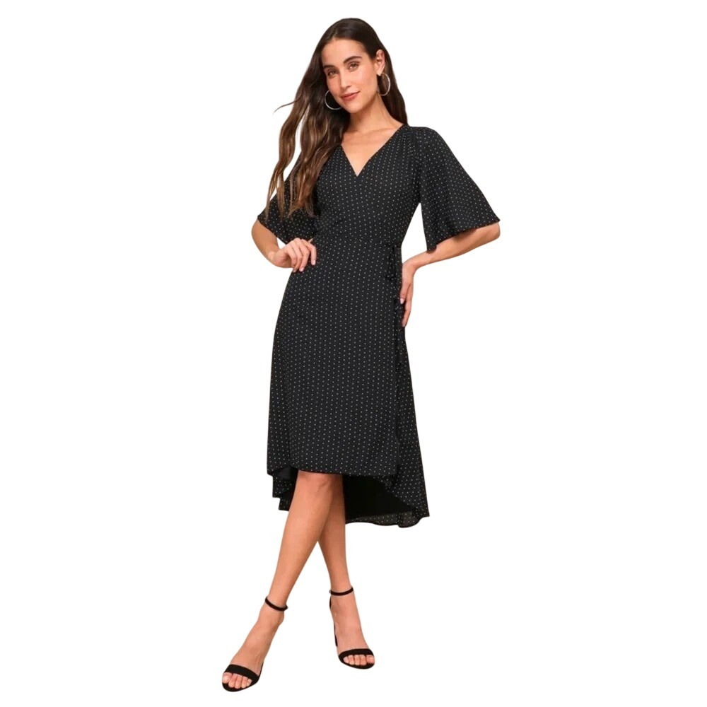 Lulus Farah Black White Triangle Print High Low Wrap Midi Dress S